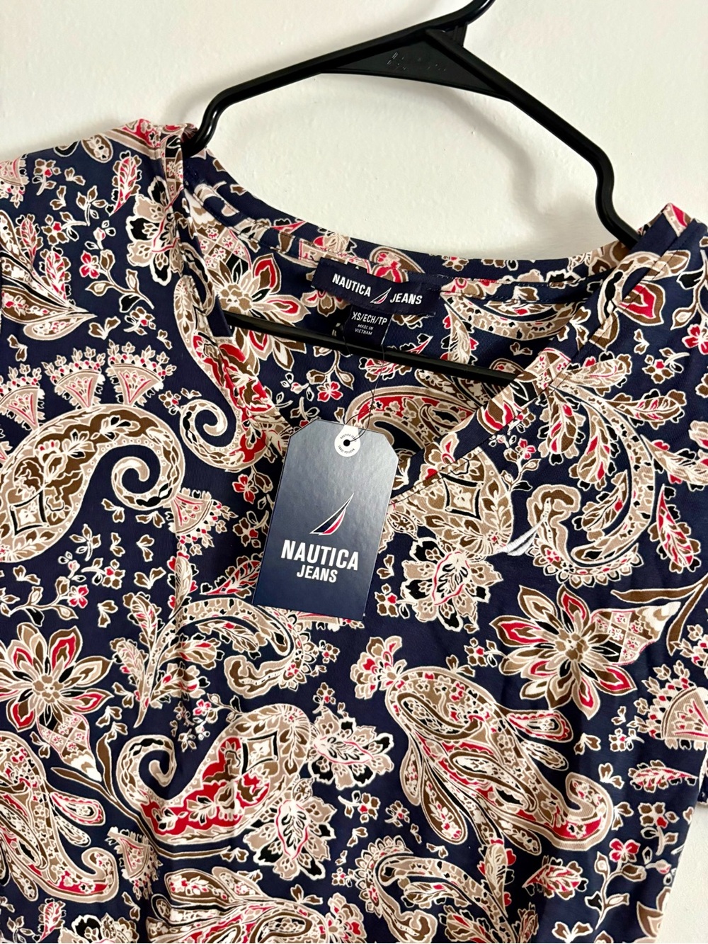 Nautica Paisley Print V-Neck Top in Navy, Red, Tan